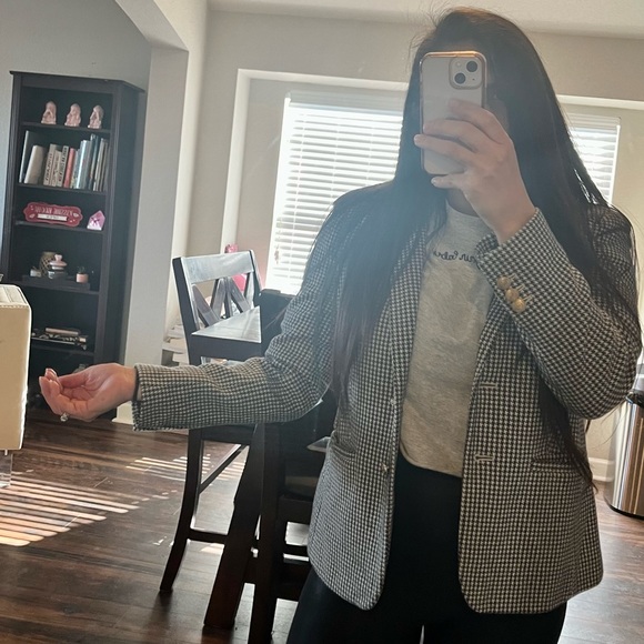 Talbots Aberdeen Blazer Houndstooth Pattern Navy Blue White Button Up - Picture 5 of 8